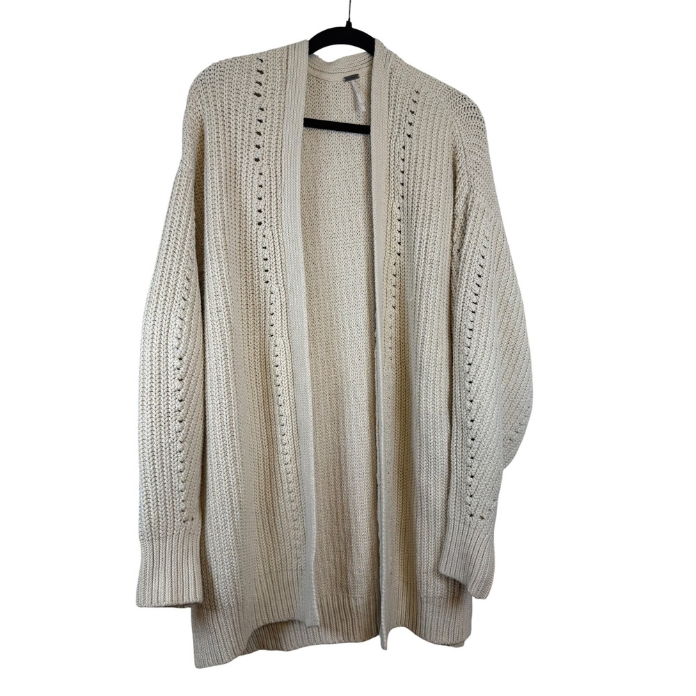 Free People Ivory Chunky Knit Open Front Cardigan Sweater Cream Pointelle Medium